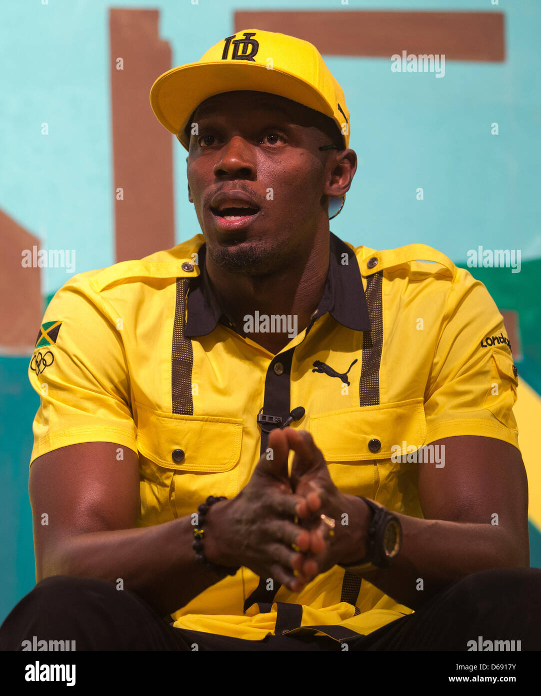 Usain Bolt aus Jamaika spricht während einer Pressekonferenz in London, Großbritannien, 26. Juli 2012. Die Olympischen Spiele 2012 in London wird am 27. Juli 2012 beginnen. Foto: Michael Kappeler Dpa +++(c) Dpa - Bildfunk +++ Stockfoto