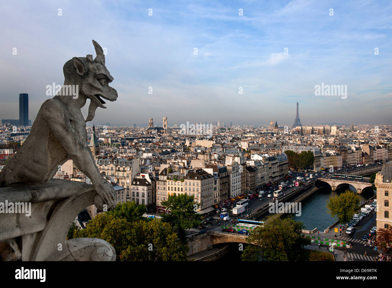 Notre Dame Gargoyle mit Blick auf Paris Stockfoto