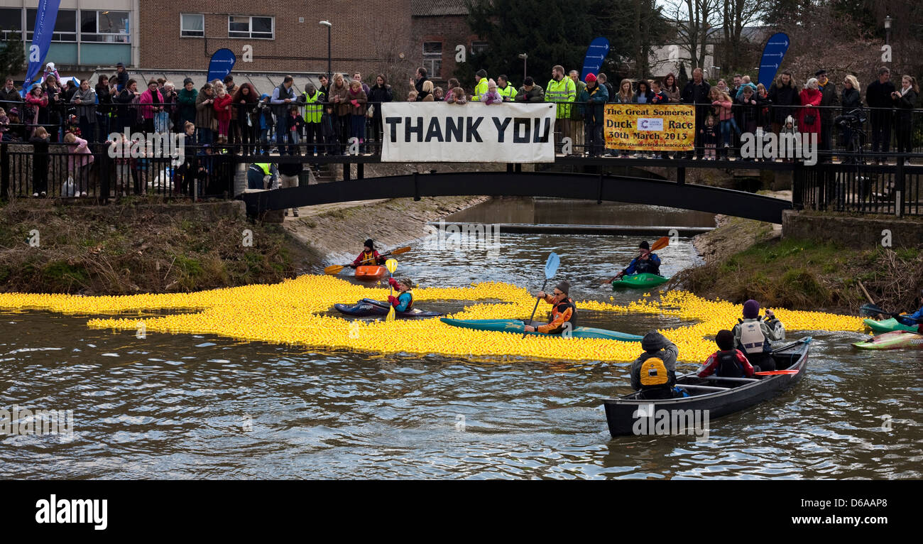 Zuschauer säumen die Strecke um Uhr Tausende Plastikenten in einem Rennen auf dem Fluss Ton für einen guten Zweck mit Hilfe von Kanuten Stockfoto