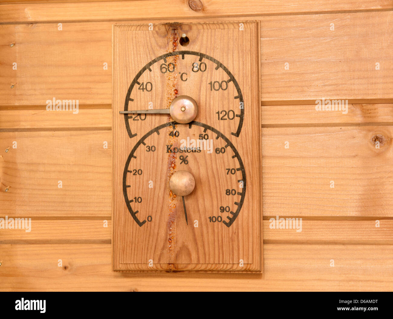 Das Thermometer und die Feuchtigkeit Messgerät in der finnischen sauna Stockfoto