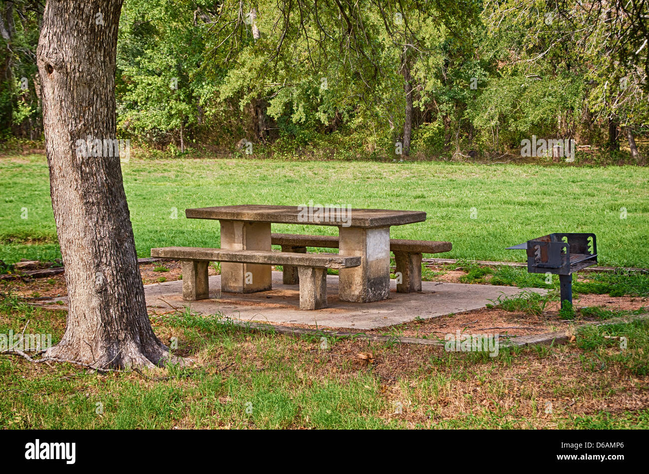 Picknickplatz mit Tisch und Grill im park Stockfoto