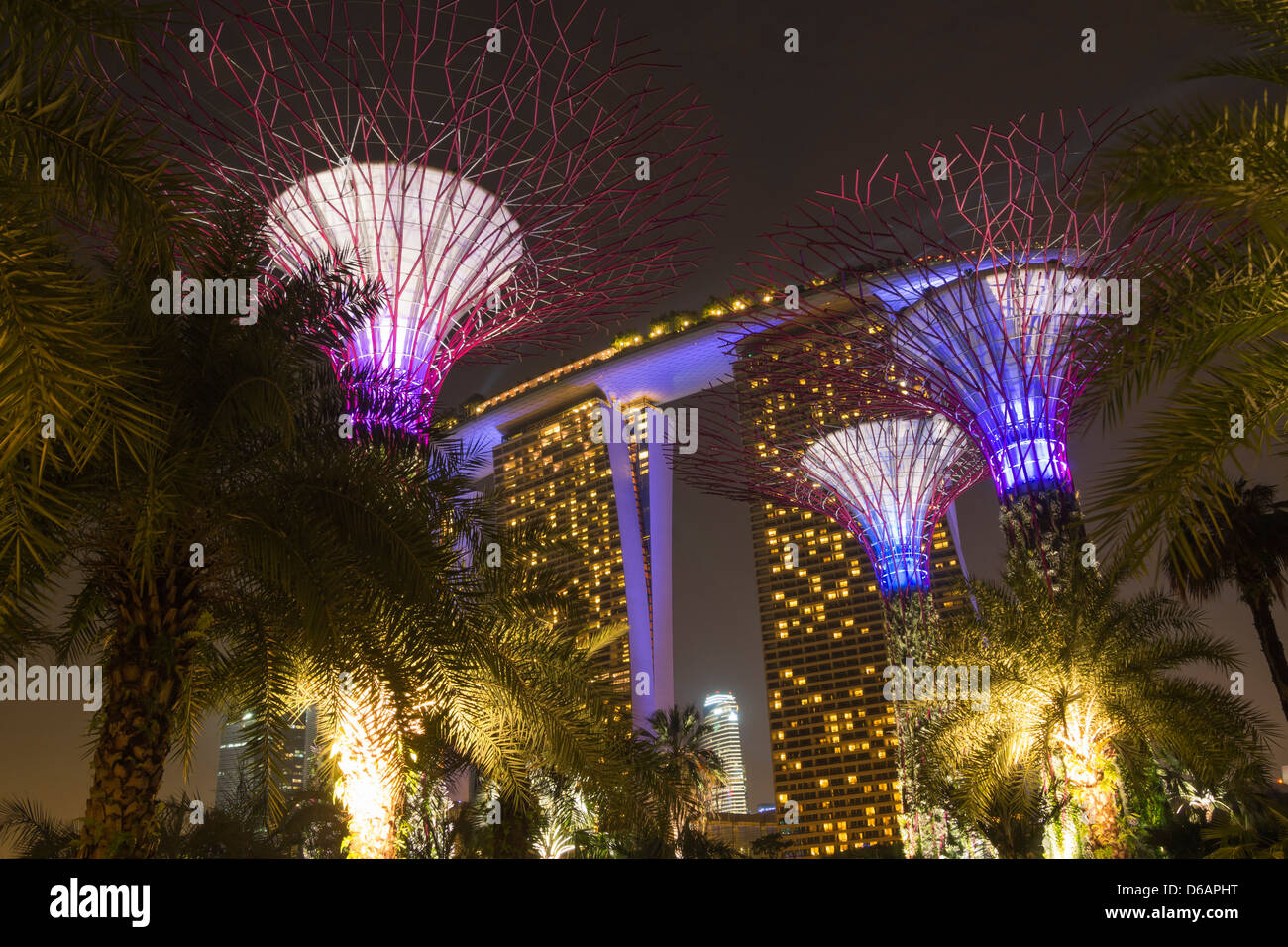 futuristische künstliche Bäume in den berühmten Gärten von der Bay Park mit Marina Bay Sands Hotel hinter nachts beleuchtet Stockfoto