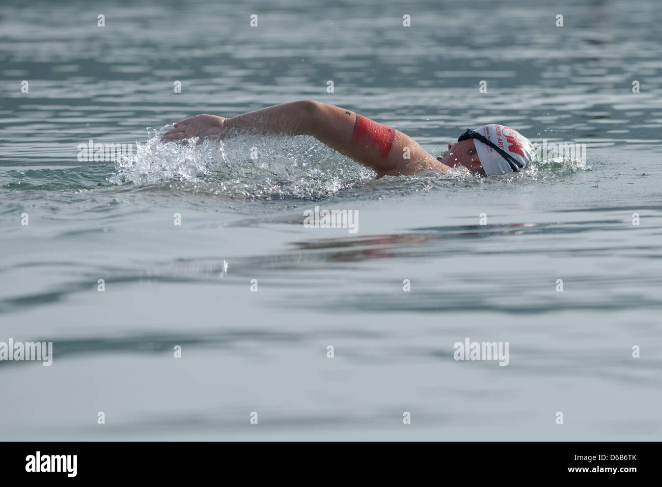 Extreme Schwimmer Maximilian Melyarki abgebildet ist, im Wasser, bei seinem Versuch, den Bodensee in Bodman-Ludwigshafen, Deutschland, 21. August 2012 zu durchqueren.  Der 22-jährige ist die dritte innerhalb von wenigen Wochen, die zielt darauf ab, die 64 Kilometer auf den Bodensee zu überqueren. Foto: TOBIAS KLEINSCHMIDT Stockfoto