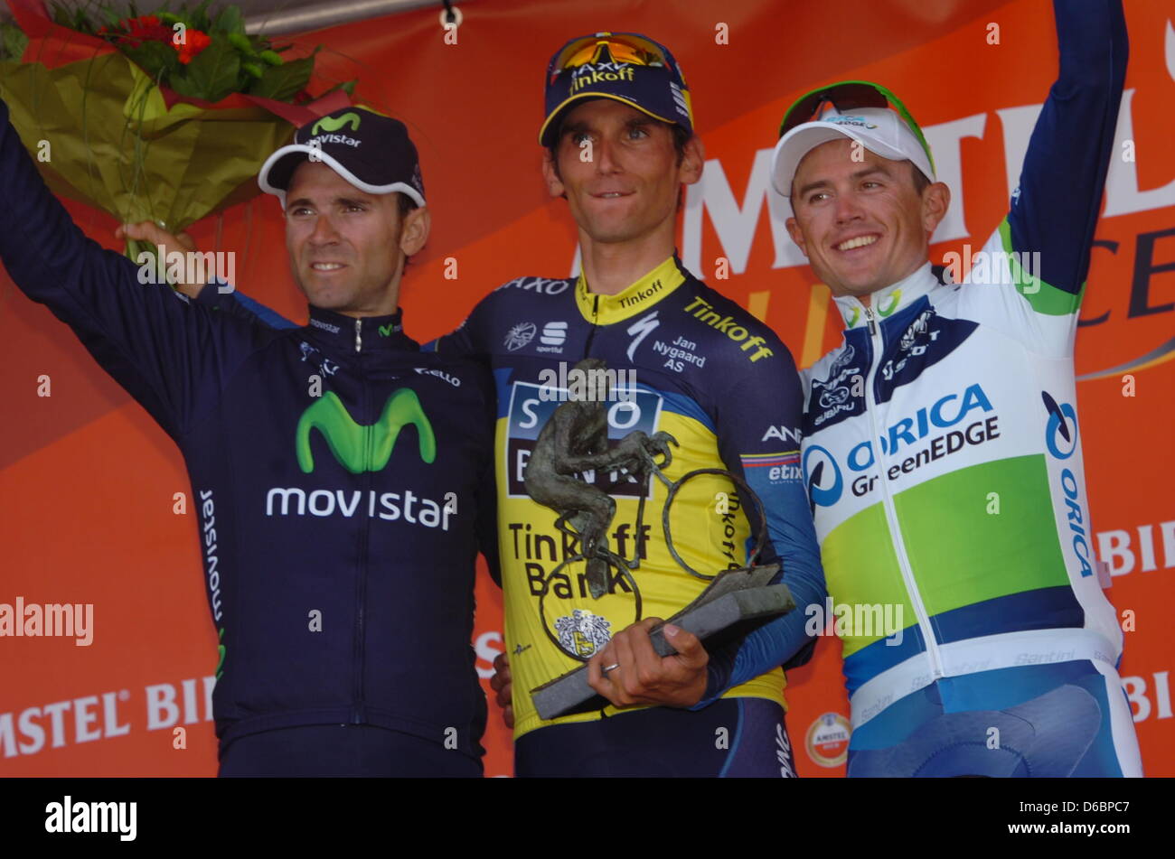 Valkenburg, Niederlande. 14. April 2013. Alejandro Valverde, Roman Kreuziger und Simon Gerrans auf dem Podium in Valkenburg. Stockfoto