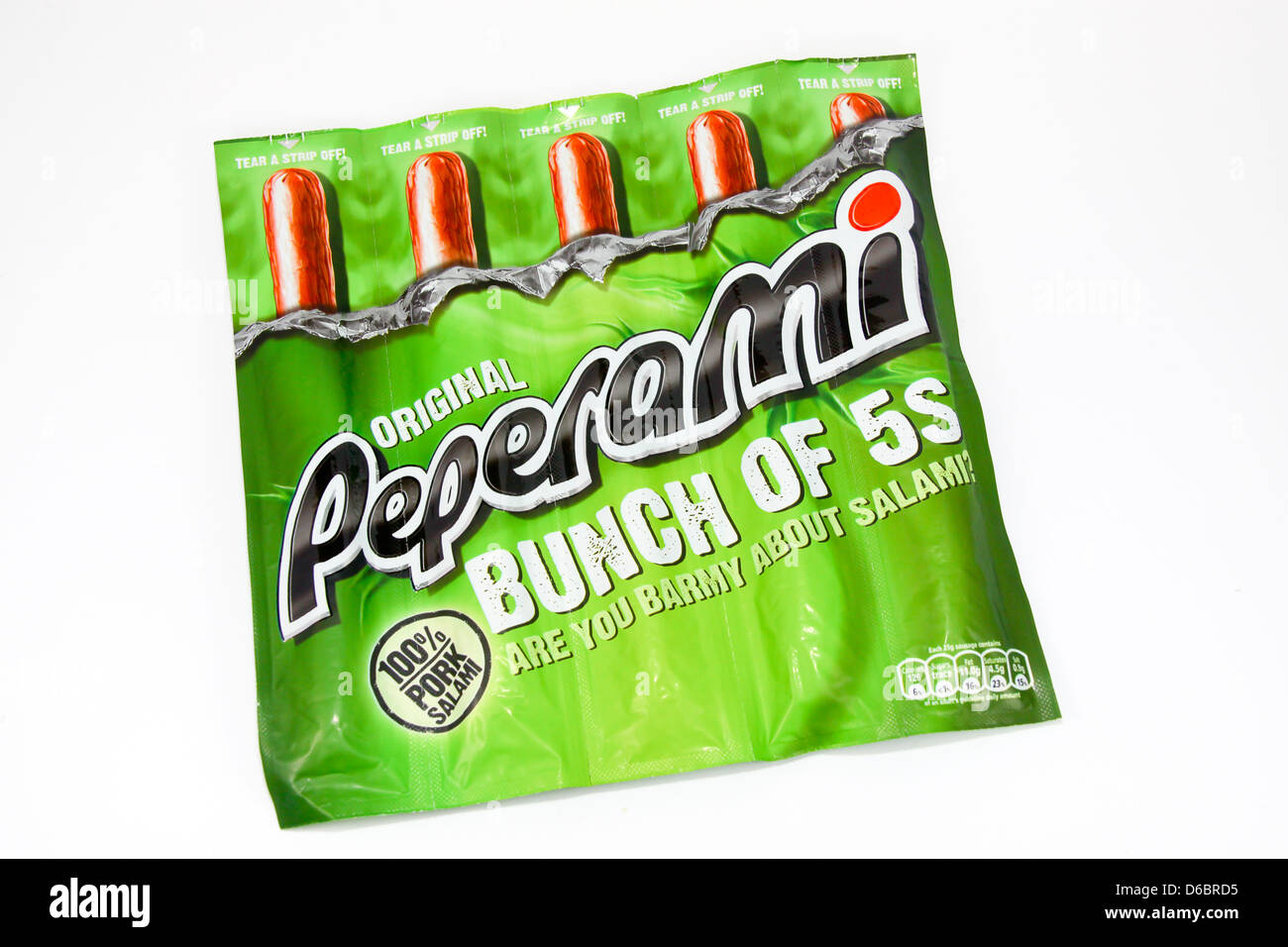 Peperami Bündel von 5 Peperoni Wurstsnacks Stockfoto