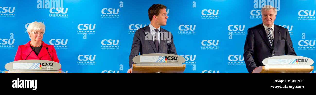 Gerda Hasselfedt (L-R), Vorsitzende der CSU-Landesgruppe, Premierminister der Niederlande und Minister für allgemeine Angelegenheiten, Mark Rutte und Premier von Bayern Horst Seehofer Rede während der Abschlusspressekonferenz der traditionellen ersten Sitzung des Jahres der CSU state Committee bei Hann-Seidel-Stiftung in Kreuth, Deutschland, 6. Januar 2012. Foto: SVEN HOPPE Stockfoto