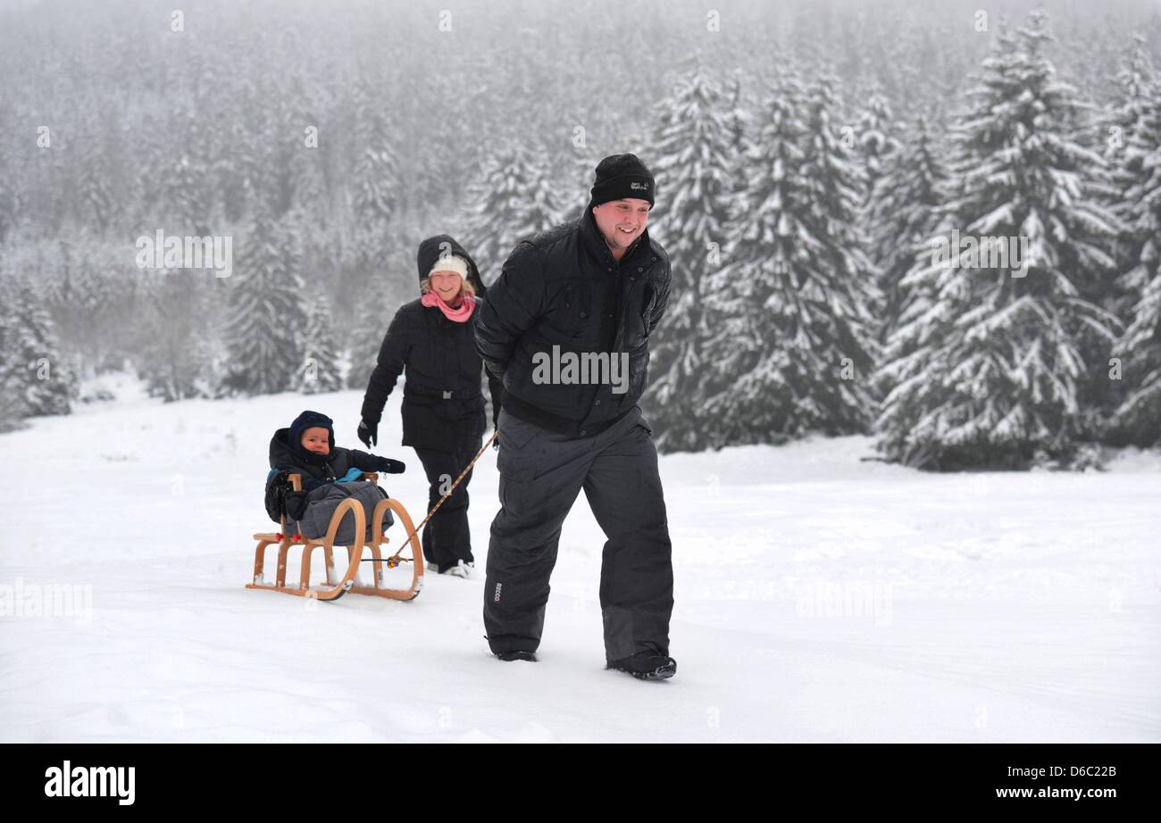 Eine Familie genießt den ersten Schnee ihres Lebens in der Harz-Region in der Nähe von Torfhaus, Deutschland, 9. Januar 2012. Das Wetter in der Harzregion wechselt zwischen winterlike Temperaturen und Auftauen. Foto: Julian Stratenschulte Stockfoto