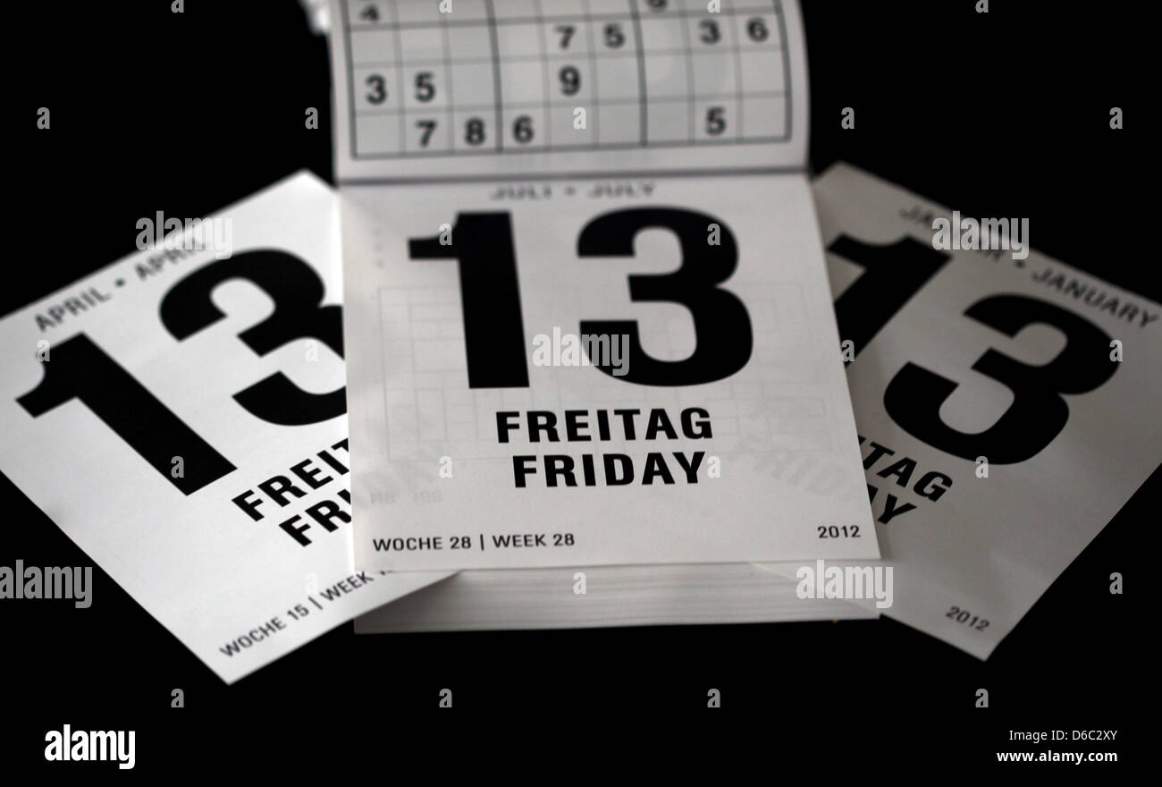 ILLUSTRATION - eine Abbildung Bild datiert 11. Januar 2012 zeigt Kalenderblatt Markieren von Freitag der 13. in Köln. Freitag auf Fall führt ein 13. Aberglaube viele am Tag des Unglücks zu erwarten. Foto: Oliver Berg Stockfoto
