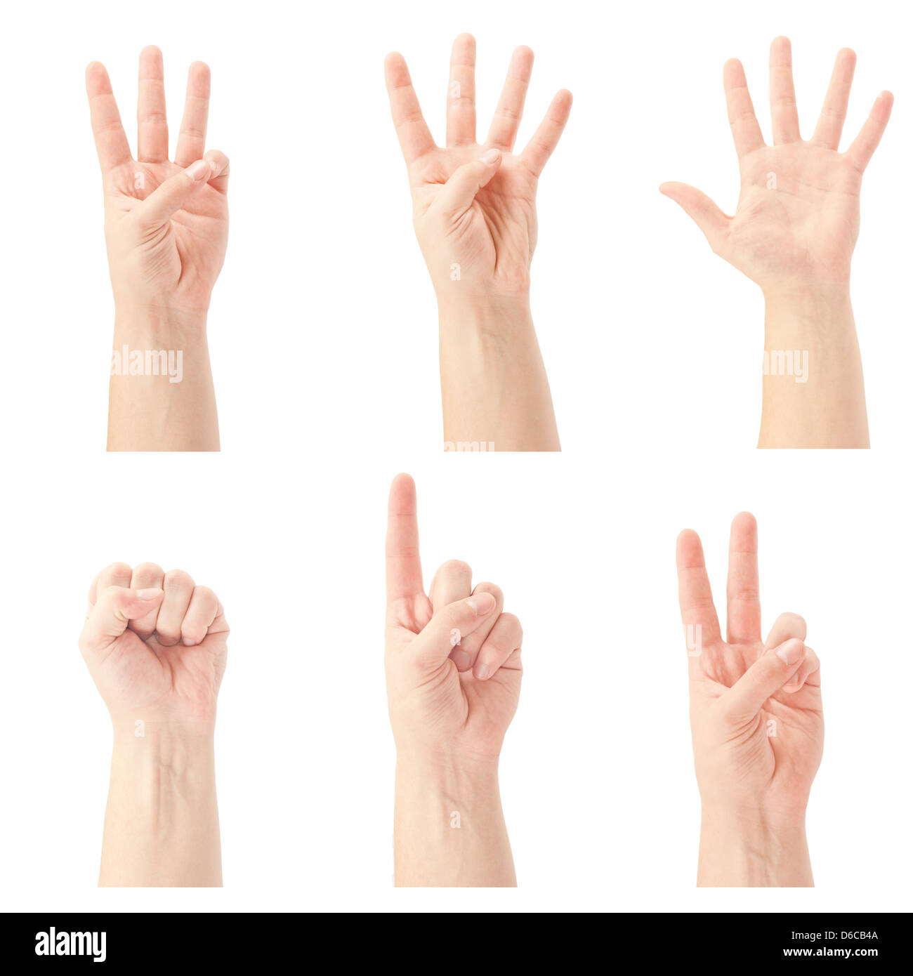 Zählen Mannhände (0 bis 5) isoliert auf weißem Hintergrund Stockfoto