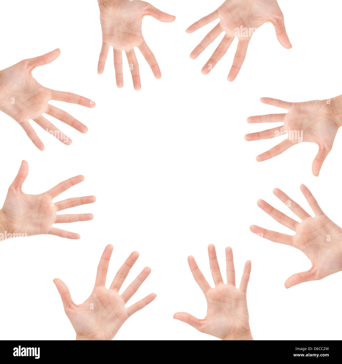 Kreis aus Händen isoliert auf weißem Hintergrund Stockfoto