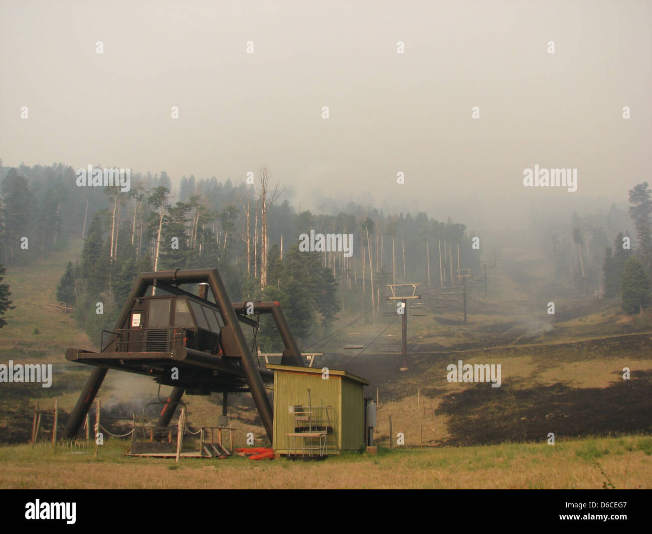 Dieses Bild zeigt Brandnarben auf dem Pajarito Ski Hill in der Nähe des Los Alamos National Laboratory. Das Foto zeigt die Auswirkungen des Conchas-Feuers von 2011 und seine Auswirkungen auf die umliegende Landschaft. Stockfoto
