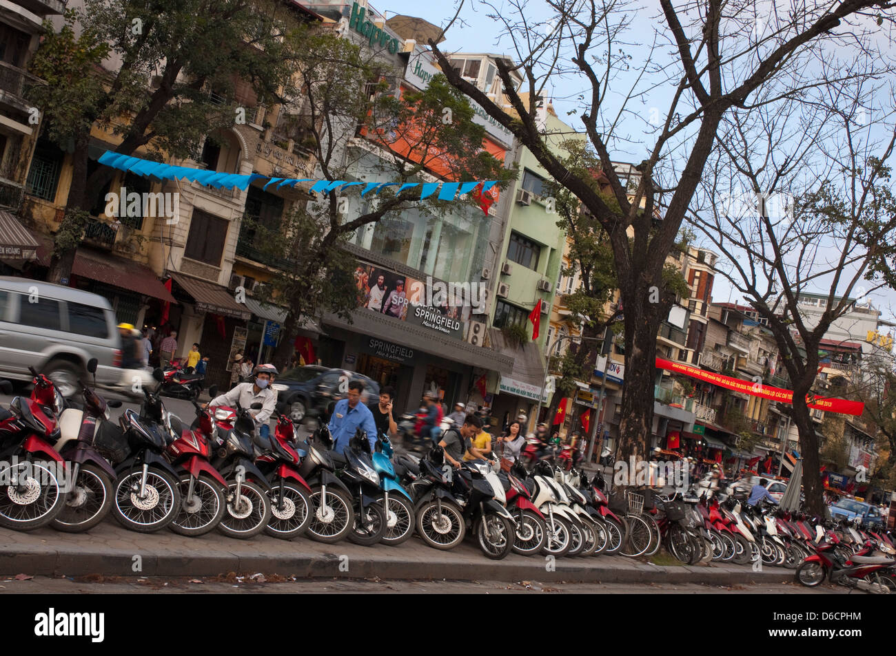 Horizontale Ansicht von vielen Mopeds geparkt am Straßenrand das bevorzugte Transportmittel in Vietnam. Stockfoto