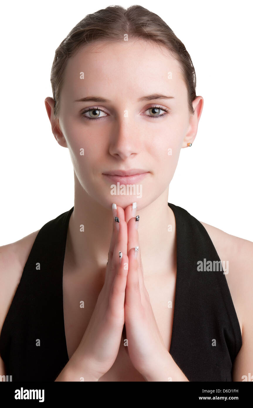 Frau beim Yoga isoliert auf weißem Hintergrund Stockfoto