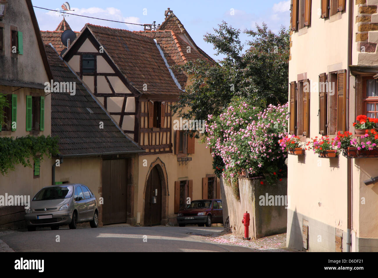 Dorf mit Fachwerkhäusern im Elsass/Frankreich Stockfoto