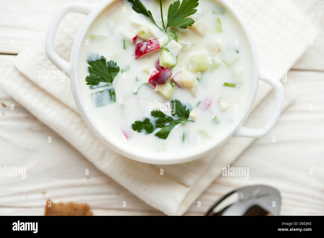 Russische traditionelle Lauchzwiebel, Sommer Suppe Stockfoto