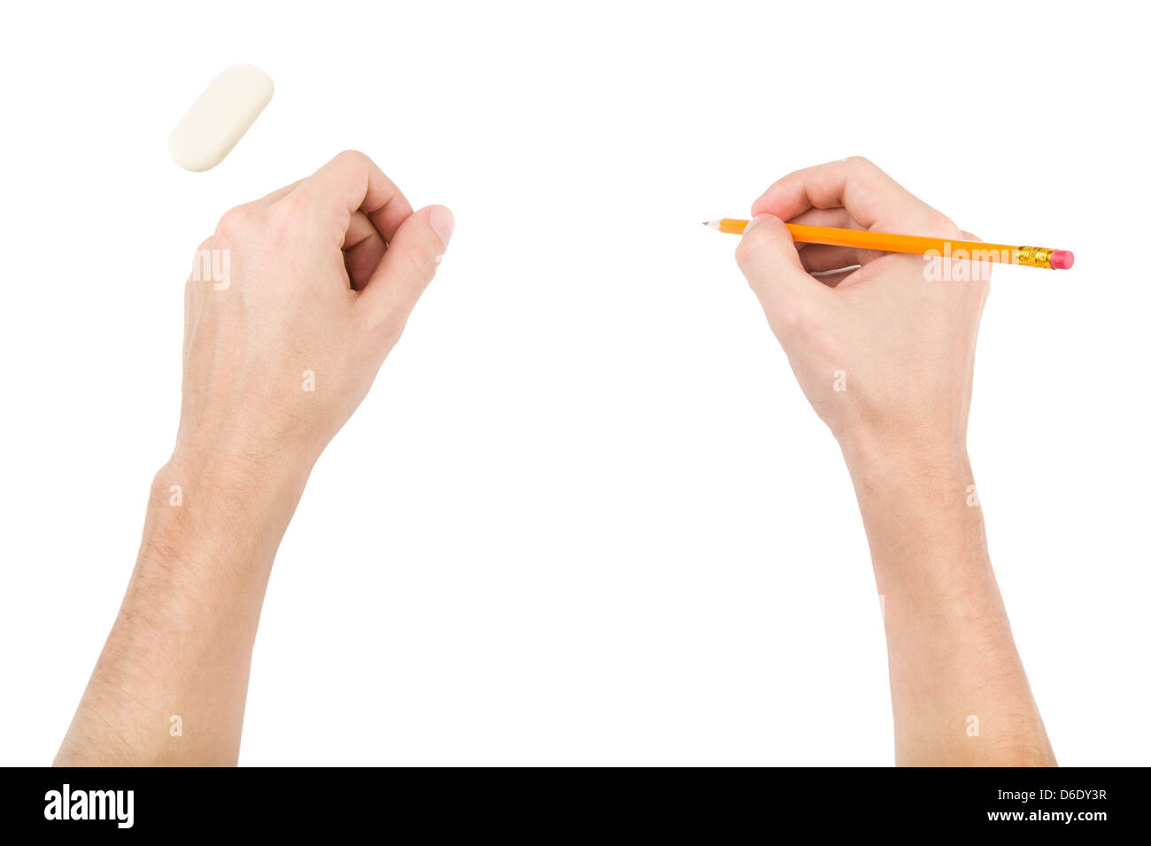 Hände mit Gummi- und Bleistift Stockfoto
