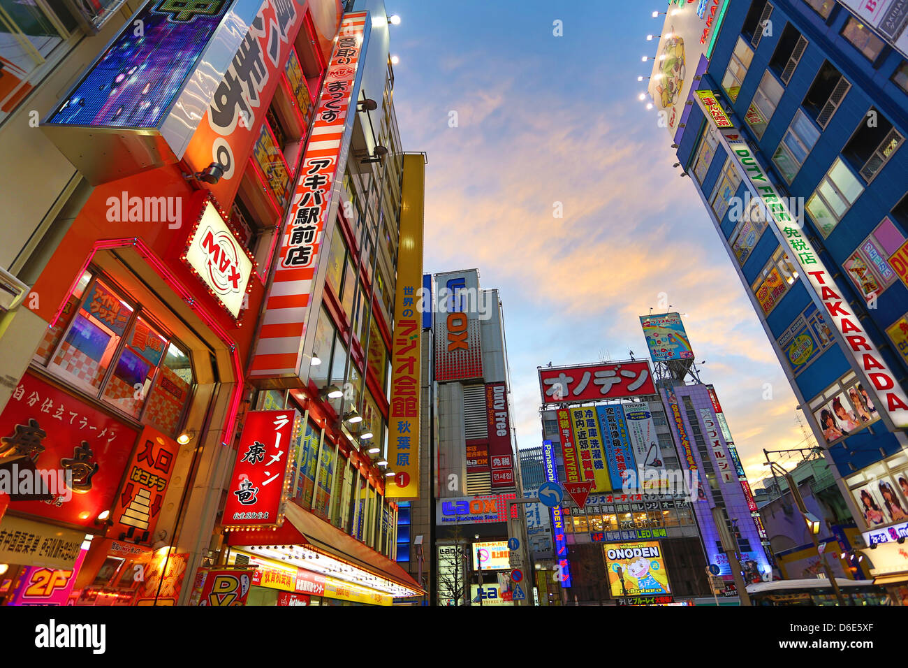 Lichter von Geschäften und Gebäuden von Akihabara Electric Town Straßenszene in Tokio, Japan Stockfoto