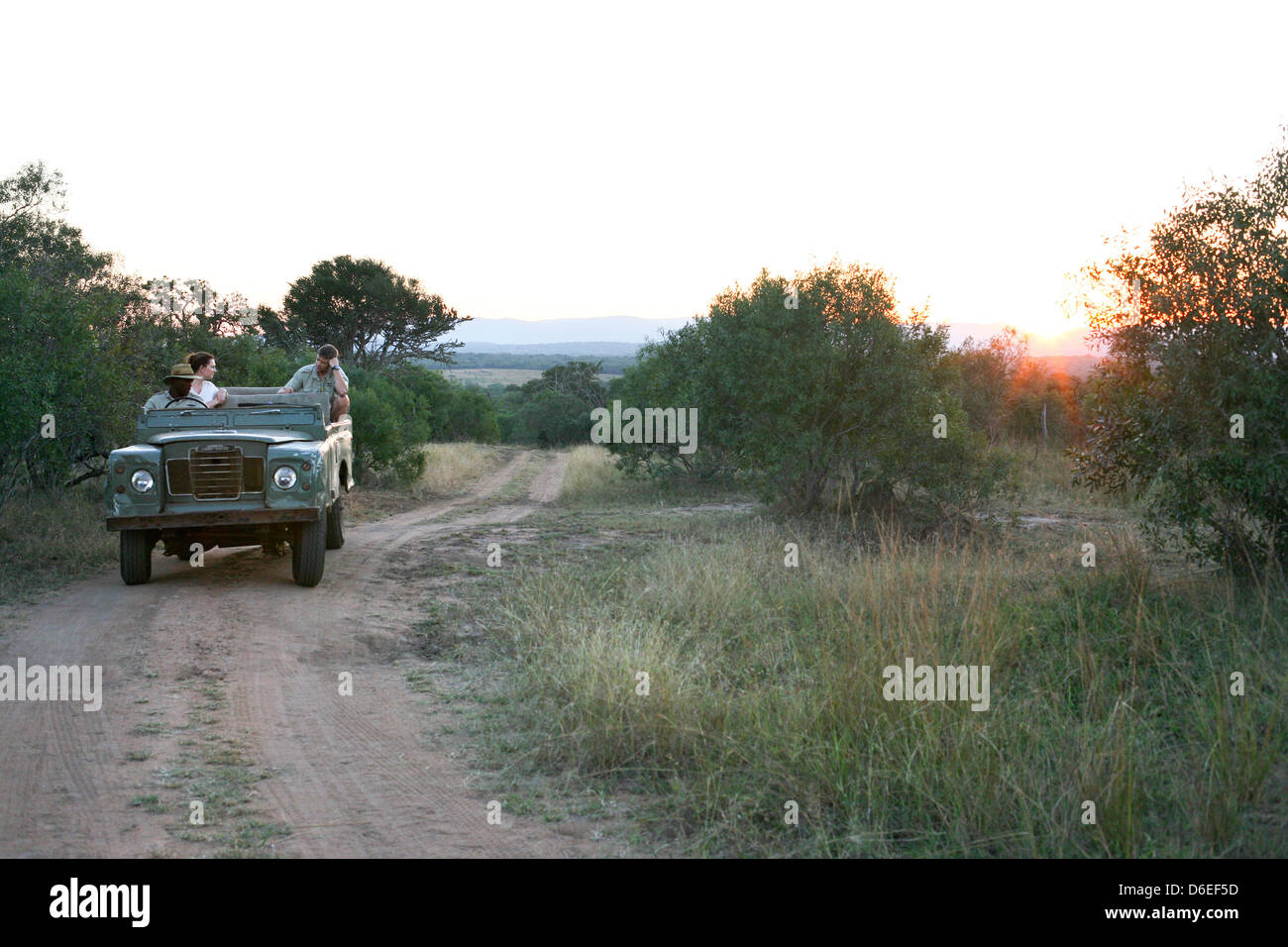 Jeep fahren auf einem Trail bei Sonnenuntergang in einer Serengetti Landschaft Stockfoto