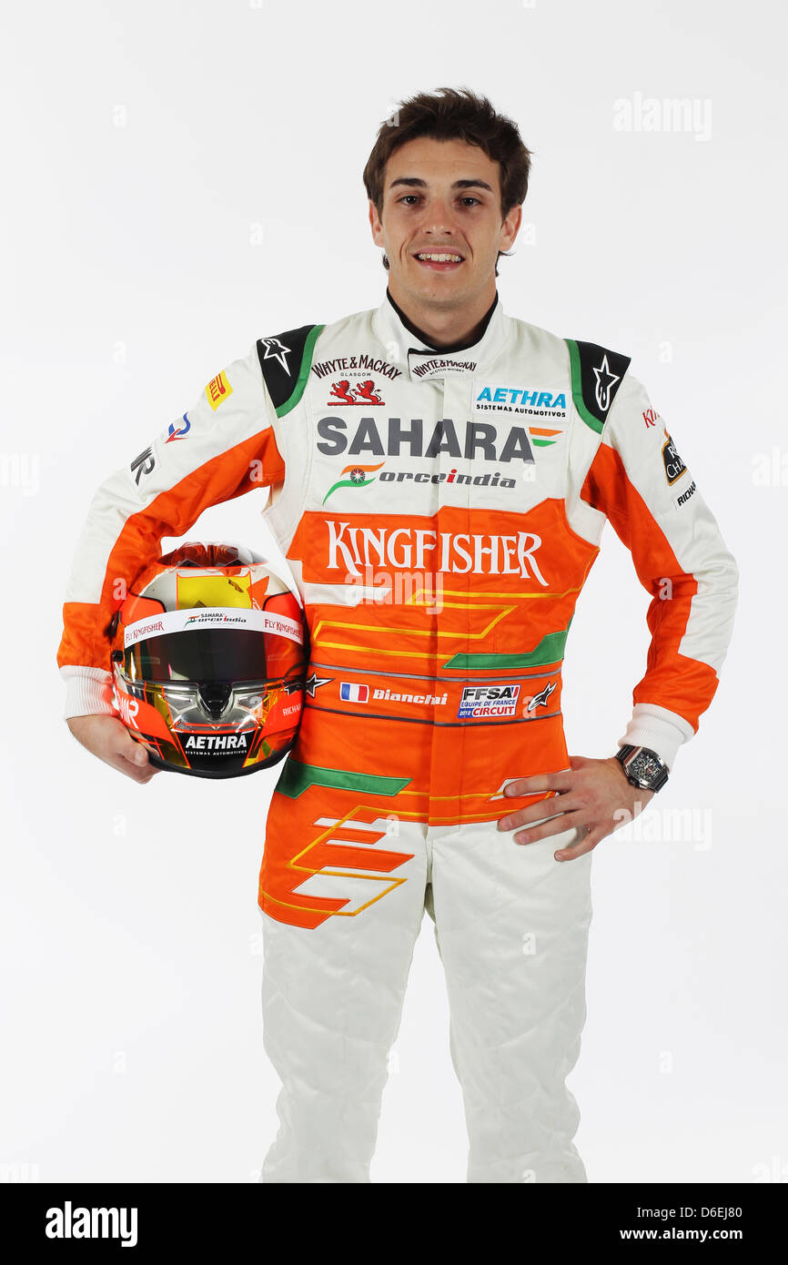 Jules Bianchi (FRA) - Sahara Force India Formula One Team - Treiber Studio Foto-Shooting - Silverstone im Vereinigten Königreich, 02.02.2012 - Sahara Force India Formula One Team Copyright Kostenloses Bild Stockfoto