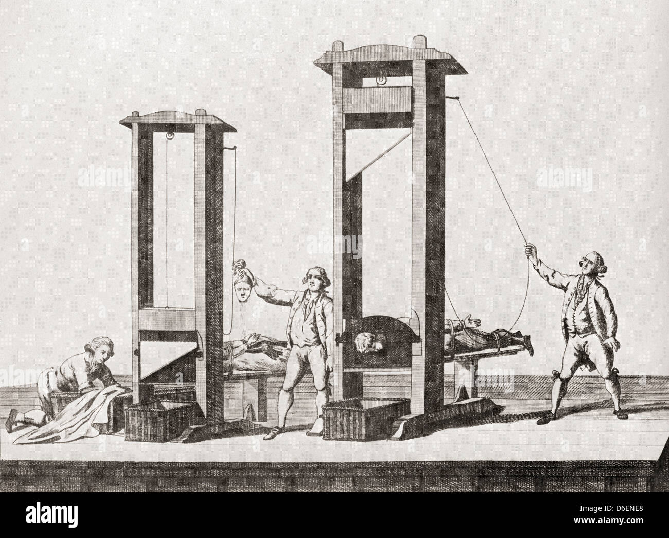 Zwei Guillotines aus der Zeit der französischen Revolution. Stockfoto