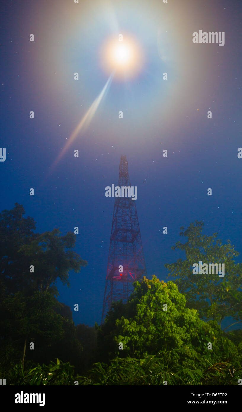 Mondschein und Sternenhimmel über die globale Atmosphäre Uhr Station Tower im Danum Valley in Sabah Borneo Stockfoto