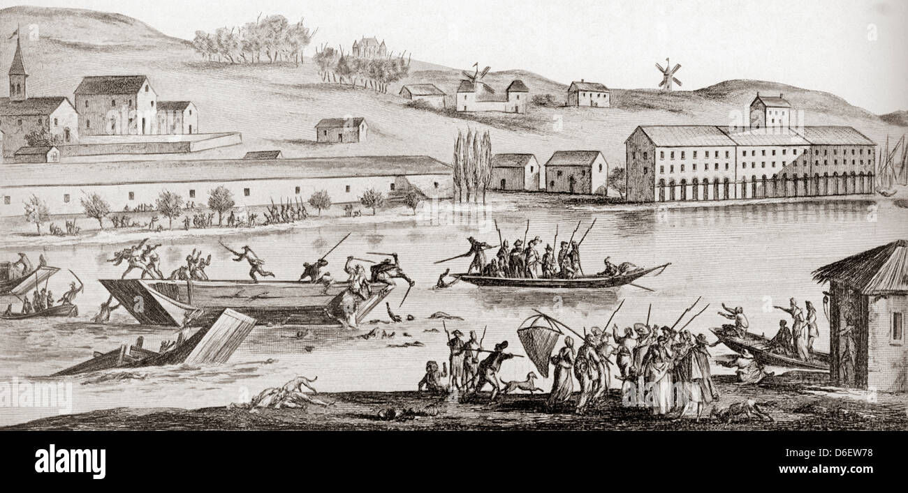 Der Ertrunkene in Nantes. Eine Reihe von Massenhinrichtungen durch Ertrinken während der Herrschaft des Terrors in Nantes, Frankreich. Stockfoto