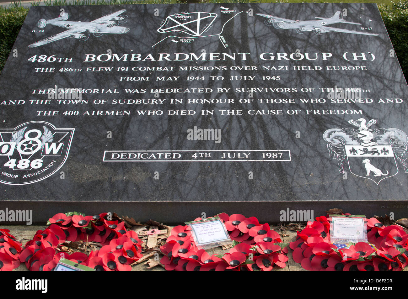 England, Suffolk, Sudbury, das Denkmal für 486th Bombardierung Gruppe H der USAF, die aus einem Luftwaffenstützpunkt in der Nähe während des zweiten Weltkrieges flog. Stockfoto