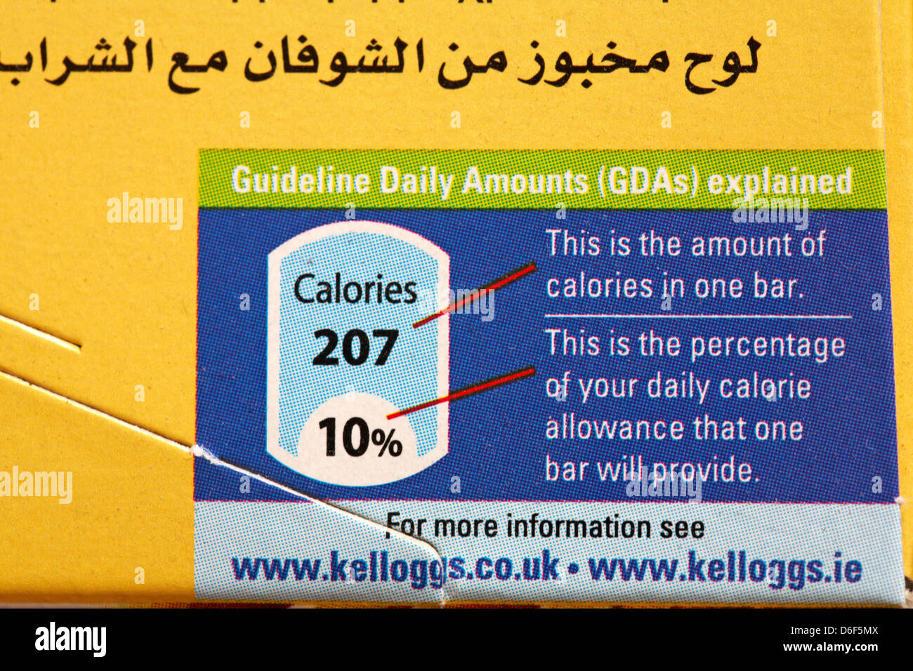 Guideline Daily Amounts (GDAs) erklärt auf Kelloggs Lebensmittelverpackungen Stockfoto