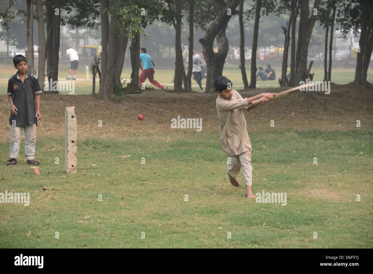 Indische Jungen spielen Cricket in einem Park in Delhi, Indien Stockfoto