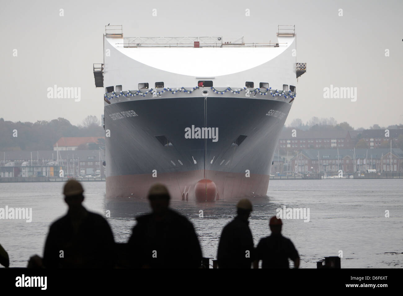 Flensburg, Deutschland, Start, der neue RoRo-Fähre Sitz Ruck macht gestartet wird Stockfoto