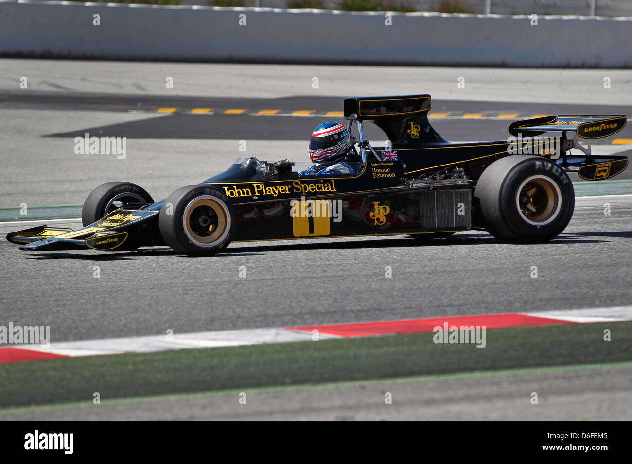FIA Masters historische Formel1 Rennen in Montmelo 12. April 2013 - Andrew Beaumont im Jahr 1974 Lotus 76/1 (Ronnie Peterson Auto) Stockfoto
