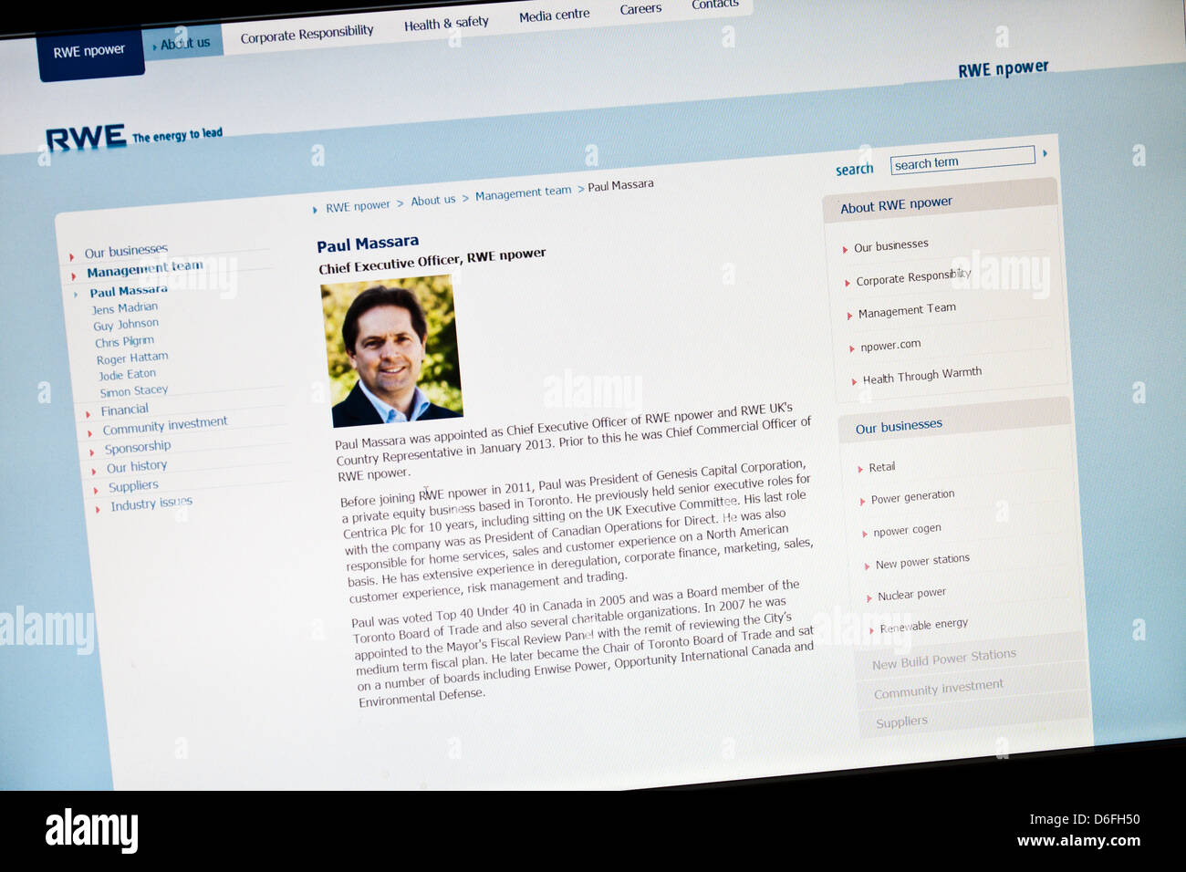 17. April 2013. Staatsangehöriger des Vereinigten Königreichs.  Webseite von Paul Massara, CEO NPower auf der npower.com Website.  Politischer Aktivist Organisation 38 Grad üben weiterhin Druck auf NPower und seinen CEO Paul Massara UK Körperschaftssteuer zahlen.   Zu 22:35 hatte ihre Petition 54354 Unterschriften erreicht. Bildnachweis: Danny Callcut / Alamy Live News Stockfoto