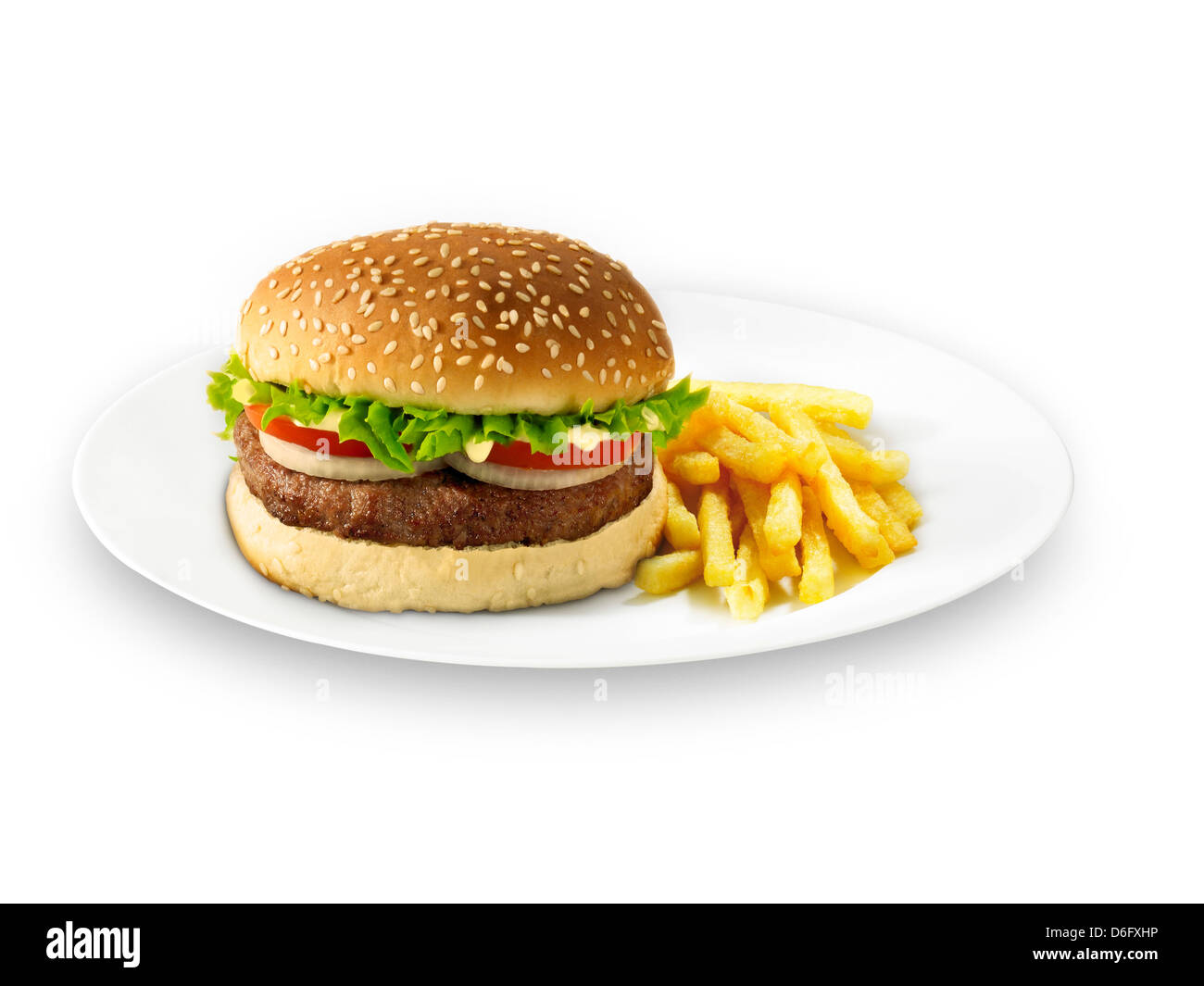 Burger und Pommes auf Platte Stockfoto