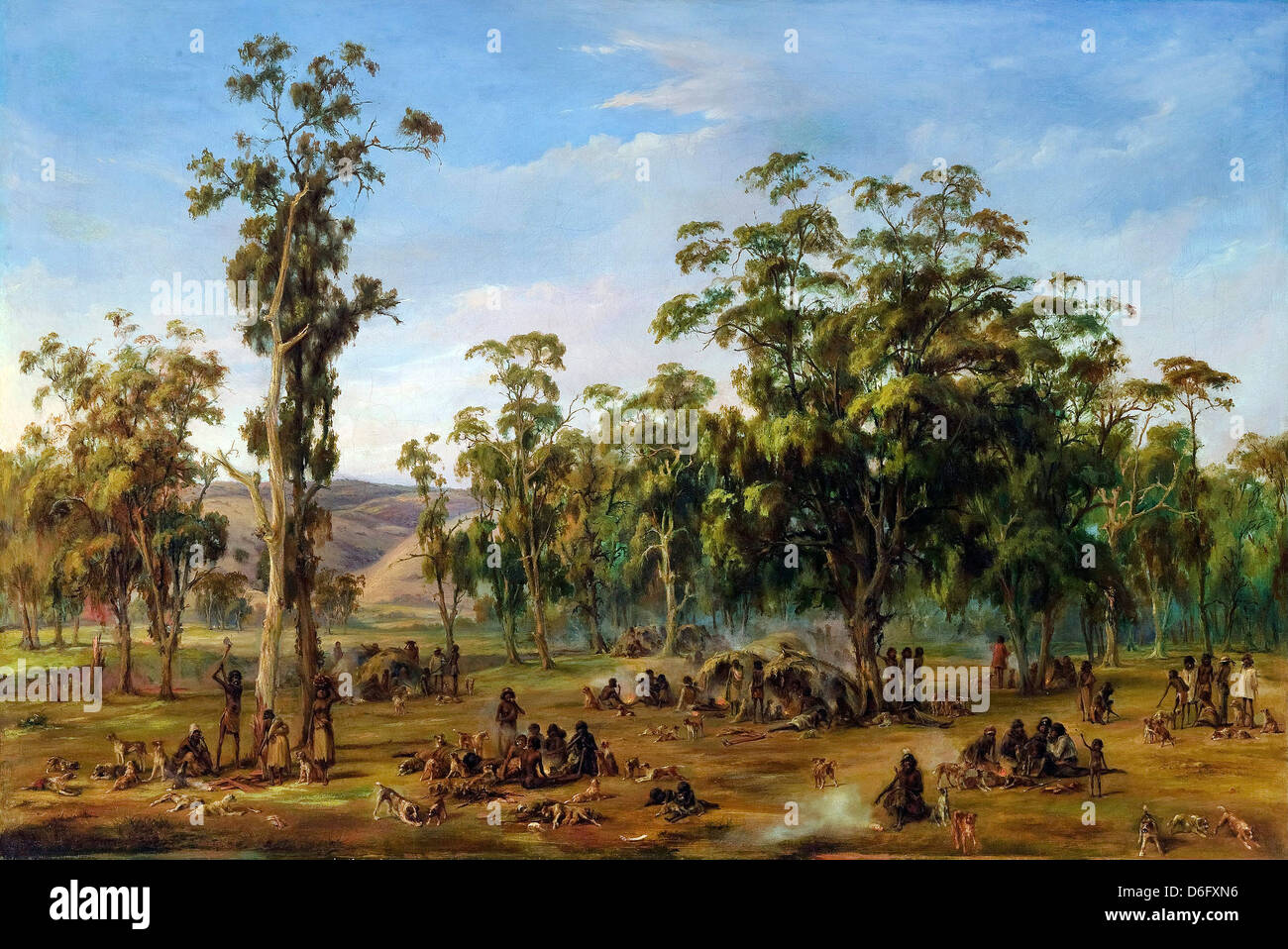 Alexander Schramm, ein Aborigine-Lager, in der Nähe von Adelaide Foothills 1854, Öl auf Leinwand. Art Gallery of South Australia Stockfoto