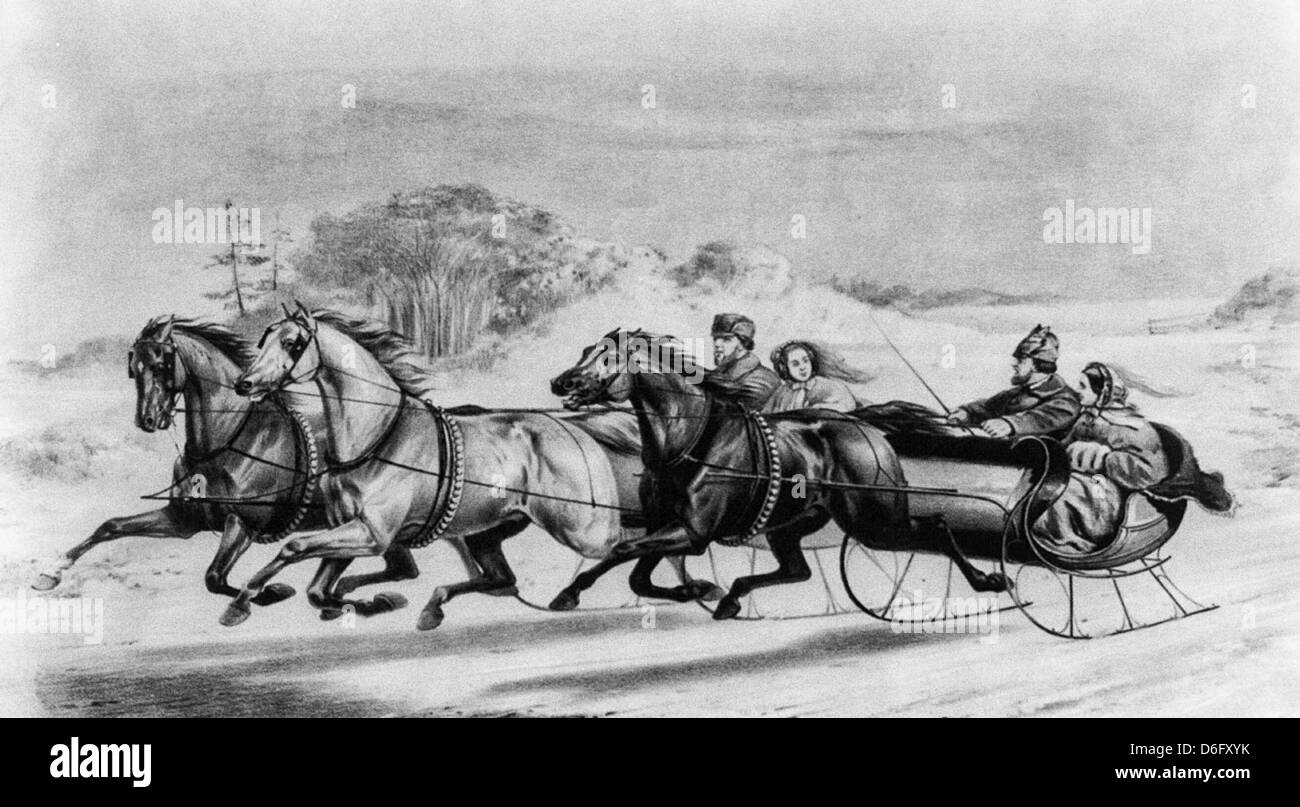 Der Schlitten Rennen - zwei Schlitten ca. 1859 racing Stockfoto