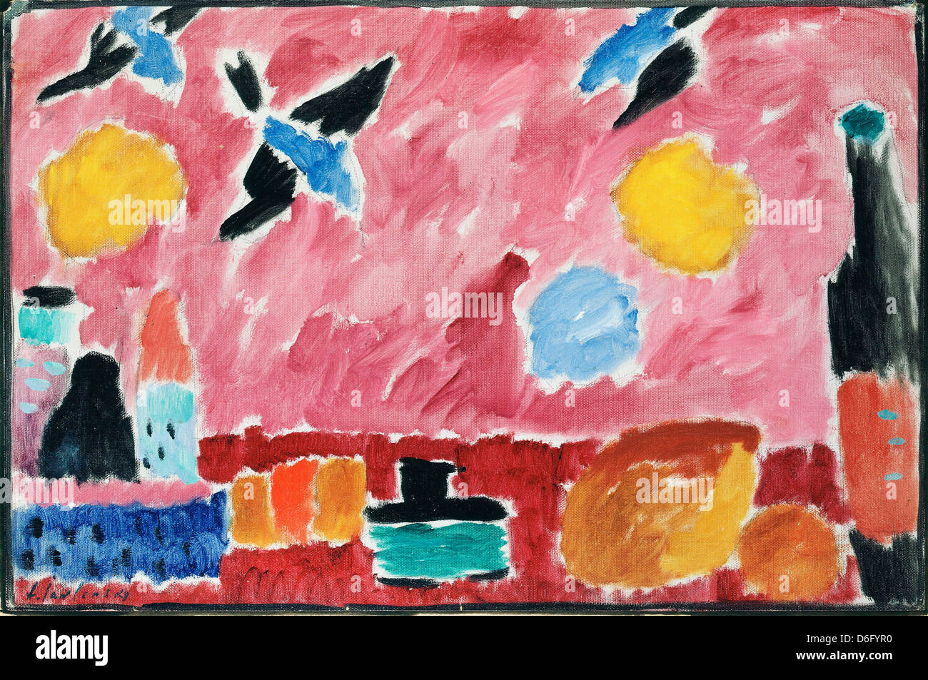 Alexej von Jawlensky, Stilleben mit Flasche, Brot und rote Tapeten mit
