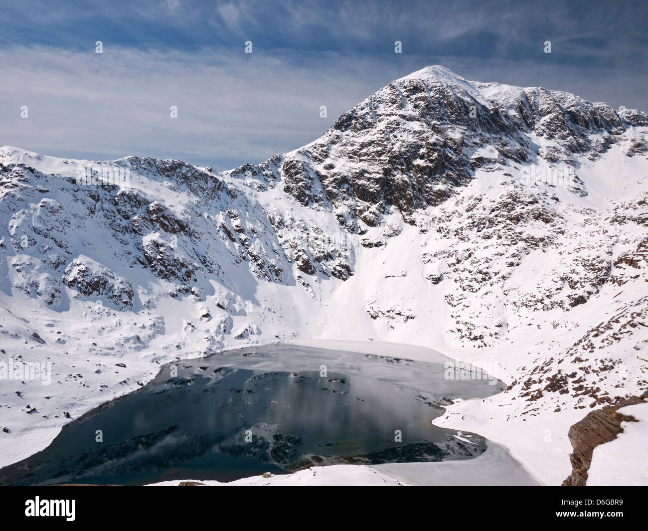 Snowdon unter winterlichen Bedingungen: die Gipfel, Yr Wyddfa, erhebt sich über Glaslyn Stockfoto