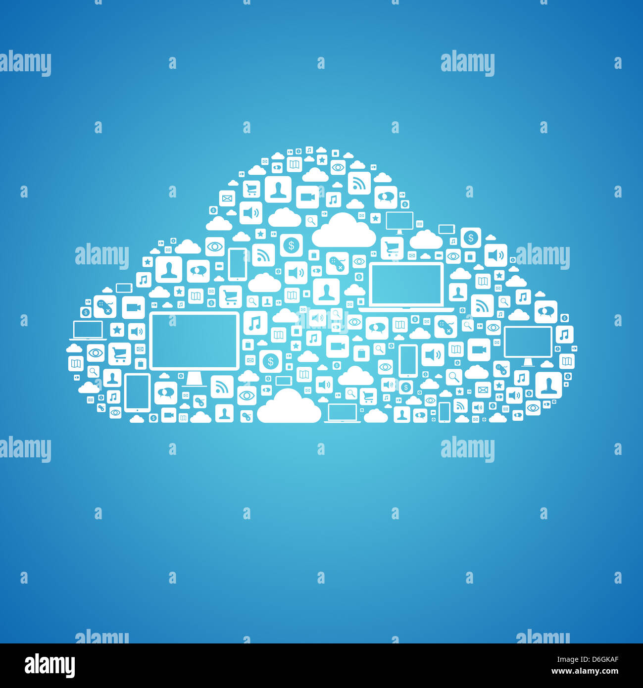 Abstraktes Konzept mit Cloud computing viele grafische Symbole, die eine Wolke-Form zu bilden. Auf blauem Hintergrund isoliert Stockfoto