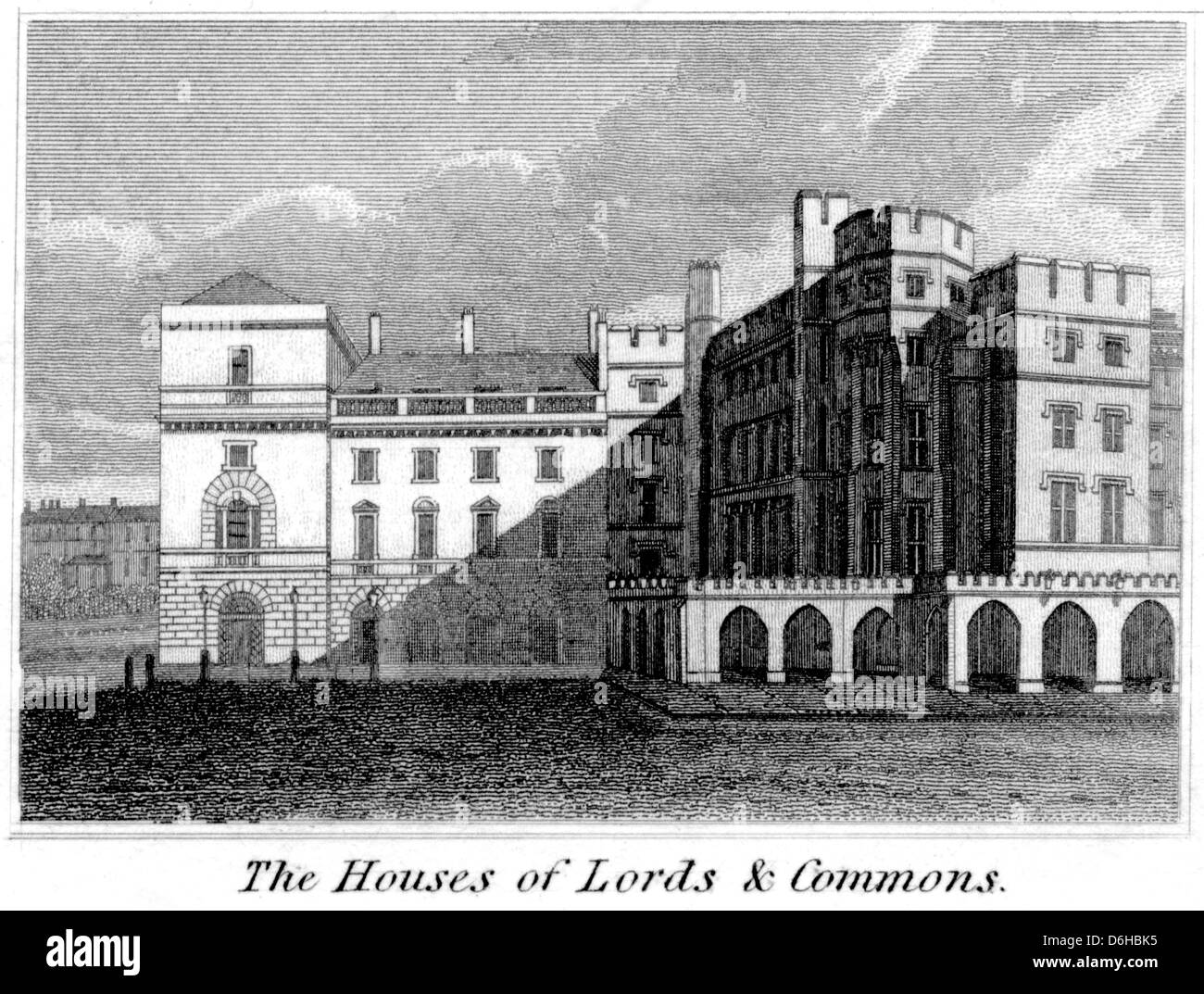 Eine Gravur mit dem Titel „The Houses of Lords & Commons“, die in hoher Auflösung aus einem 1825 erschienenen Buch gescannt wurde. Urheberrechtlich geschützt. Stockfoto