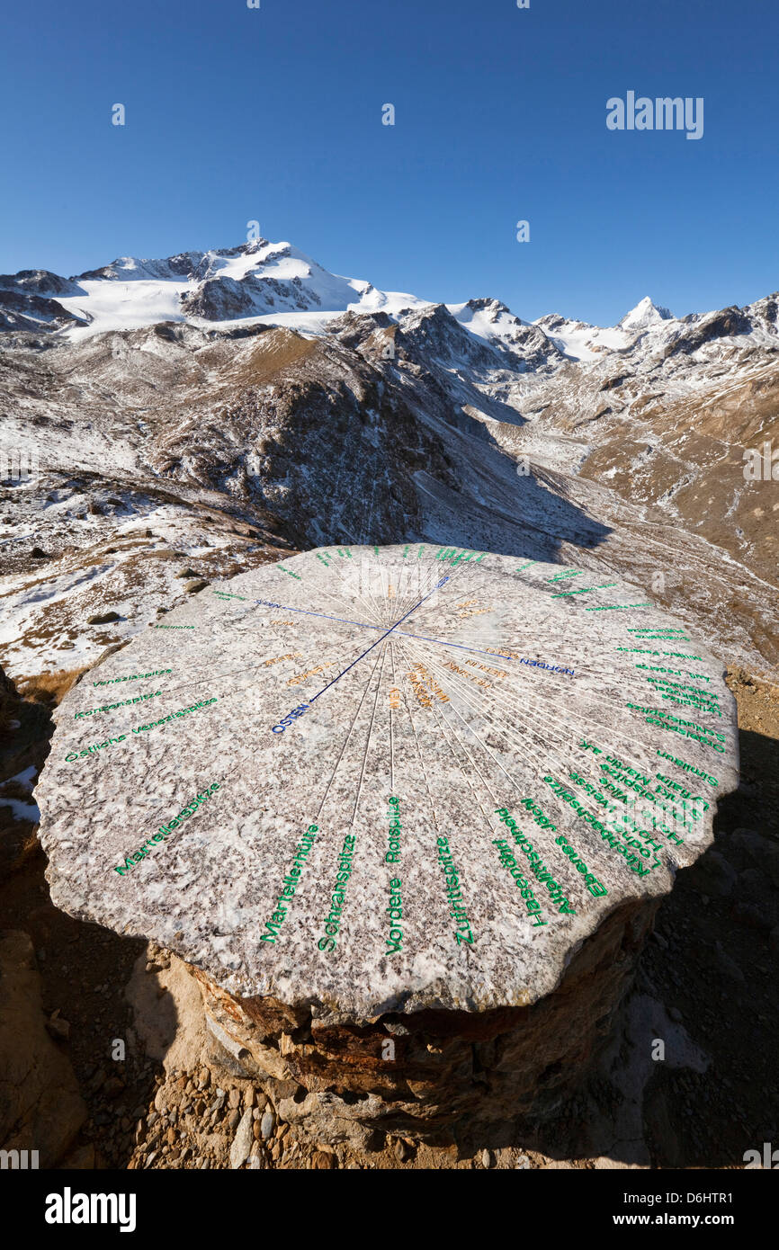 Süd-Tirol, Italien.  Ein Tisch aus Stein mit Gravur der Namen und Richtungen zu den Wahrzeichen gemacht. Stockfoto