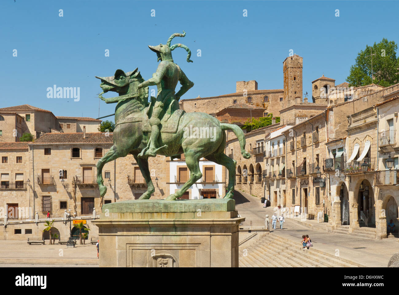 Statue von Pizarro, Plaza Major, Trujillo, Extremadura, Spanien Stockfoto