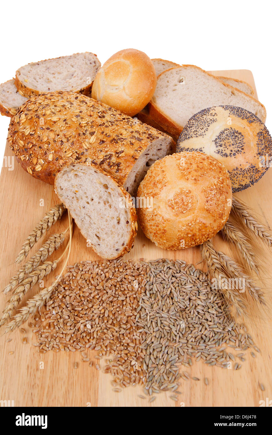 Variablentypen von Brot und Brötchen, die isoliert auf weißem Hintergrund Stockfoto