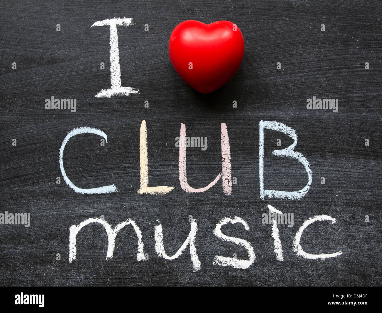 Ich liebe Club Musik Ausdruck handschriftlich auf der Schultafel Stockfoto