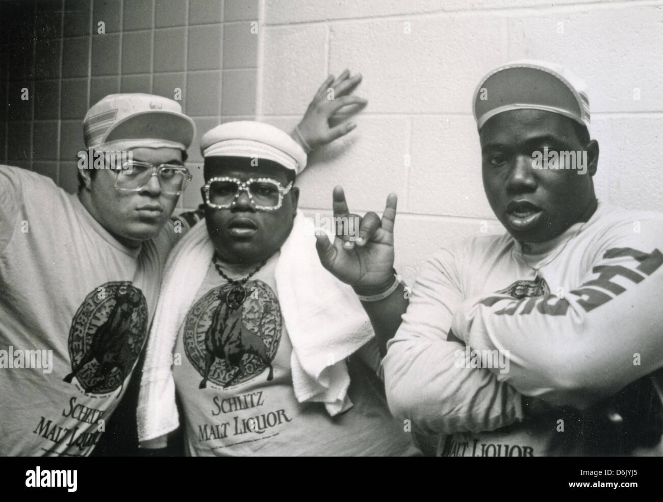 DIE FAT BOYS-Promo-Foto von US-hip Hop-Trio über 1990 mit Markie Dee auf der linken Seite Stockfoto