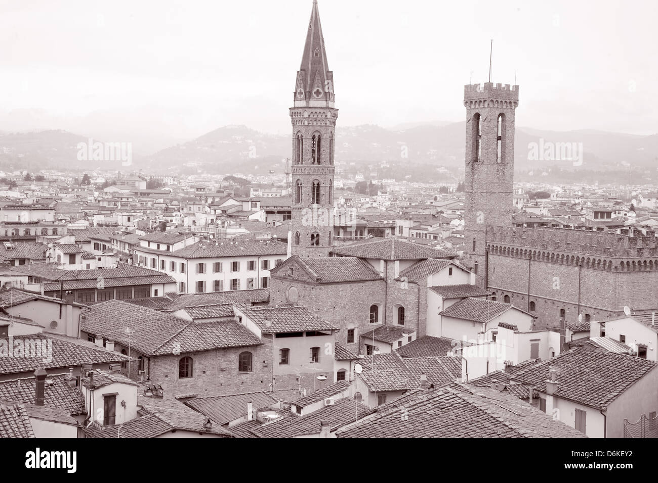 Florenz Stadtbild in schwarz und weiß Sepiatönung in Italien einschließlich Bargello Palast Stockfoto