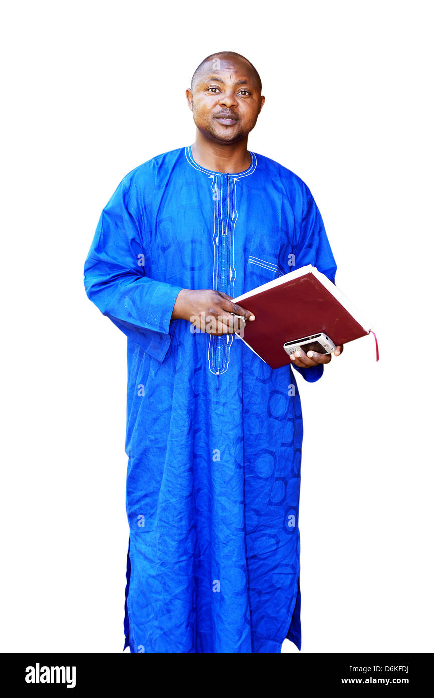 Afrikanischen Geschäftsmann in blauen traditionelle oder ethnische Kleidung isoliert auf weiss Stockfoto