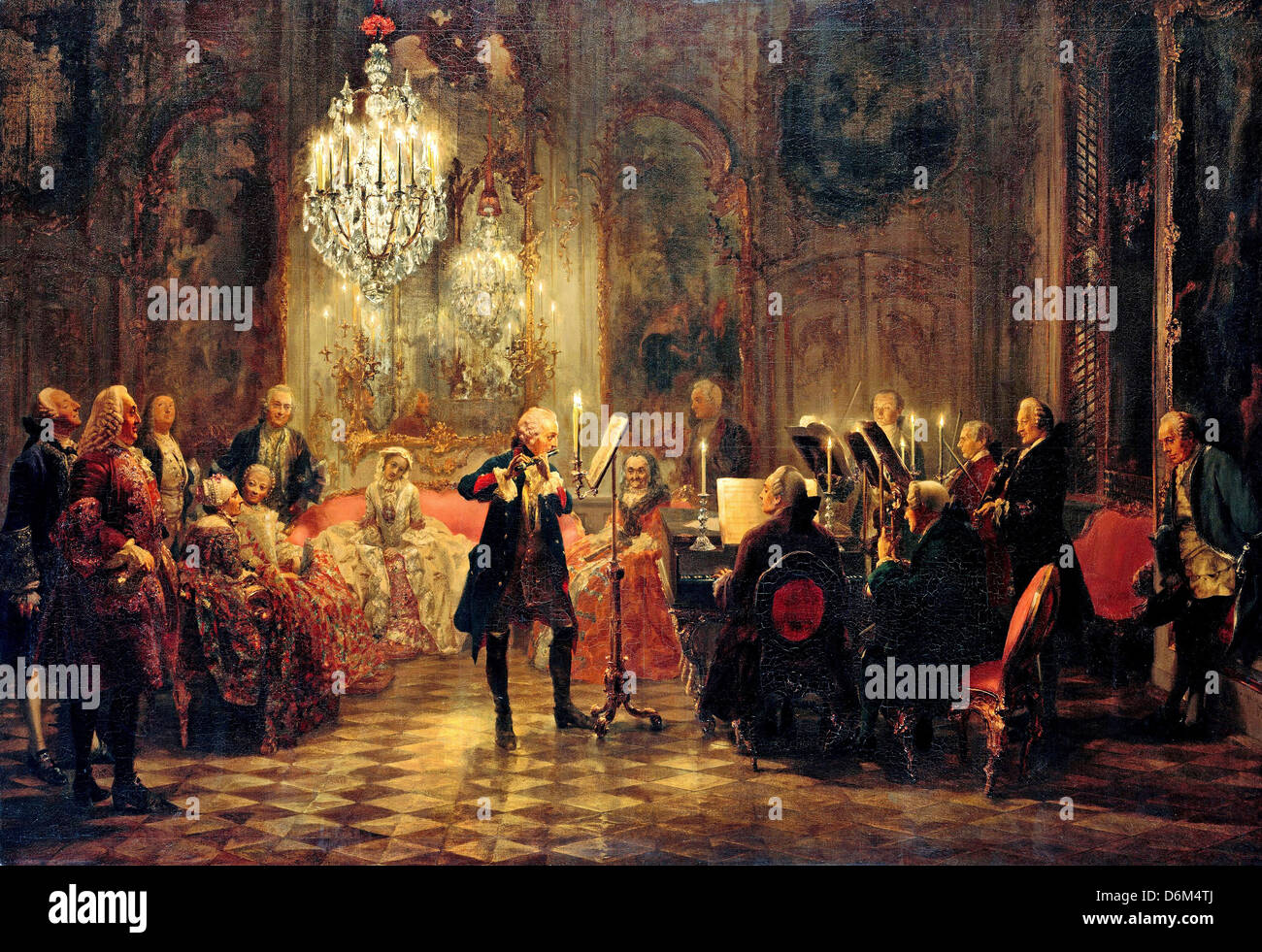Adolf Menzel, Flötenkonzert mit Friedrich dem großen in Sanssouci, 1850-52-Öl auf Leinwand. Alte Nationalgalerie, Berlin Stockfoto