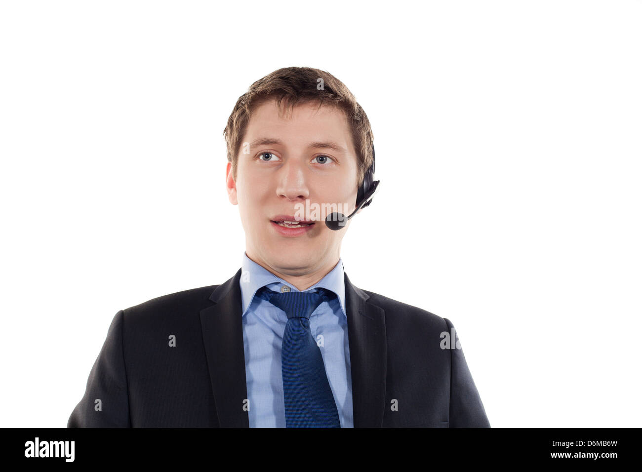 Mann mit Telefon Kopfhörer auf dem Kopf auf einem weißen Hintergrund Stockfoto