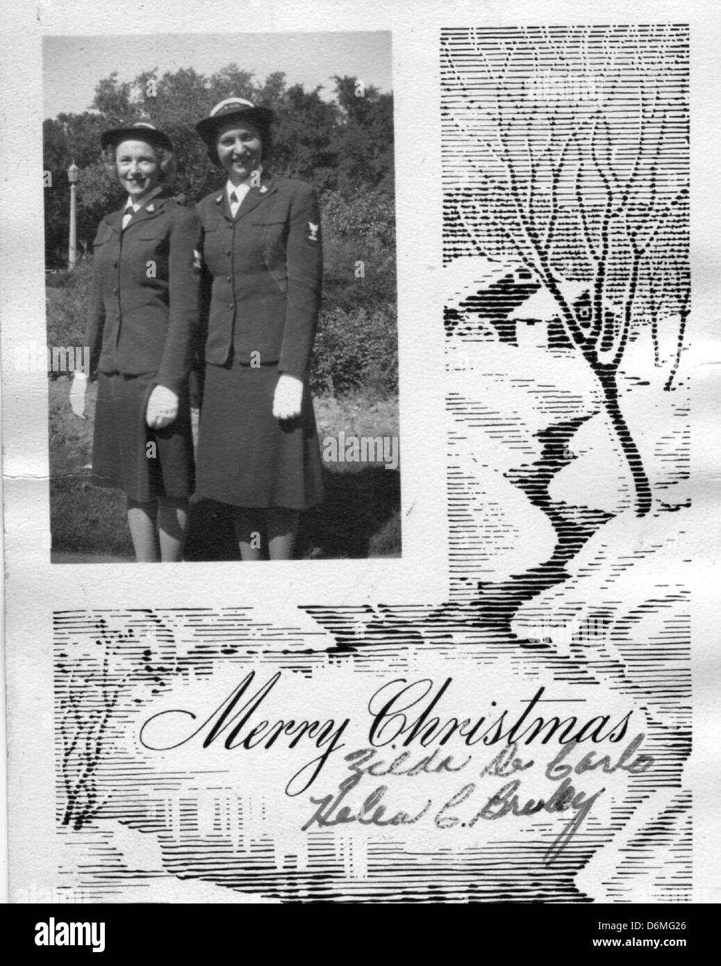 Zilda DeCarlo und Helen Bruley, beide Mitglieder der Navy Waves während des Zweiten Weltkriegs, sind auf einer Weihnachtskarte zu sehen, die ihren Dienst und ihre Kameradschaft widerspiegelt. Dieses Bild erinnert an den Beitrag der Frauen im Militär während des Krieges. Stockfoto