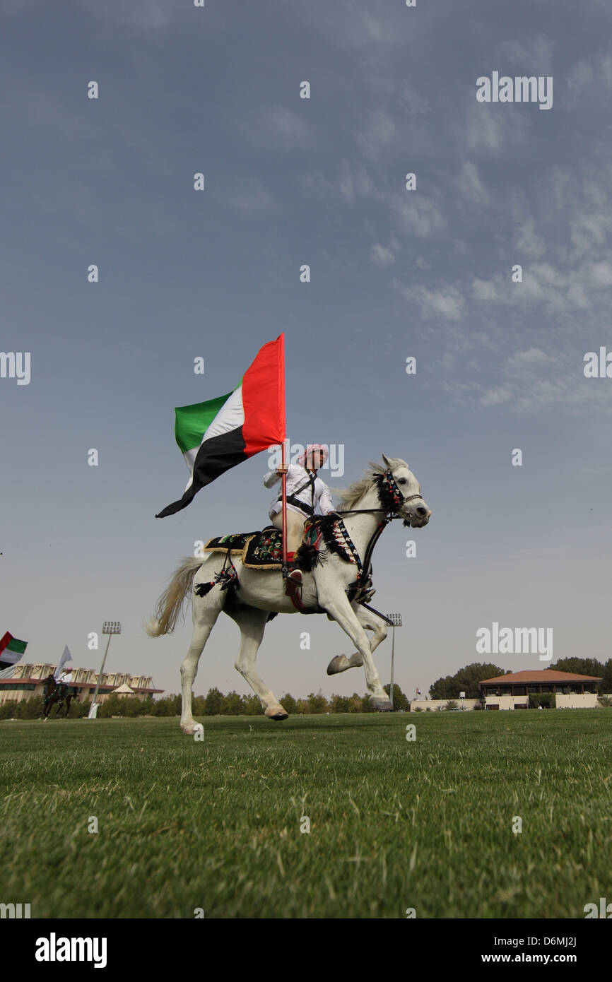 Dubai, Fahrer mit Nationalflagge auf einem reinrassigen arabischen Pferd Stockfoto